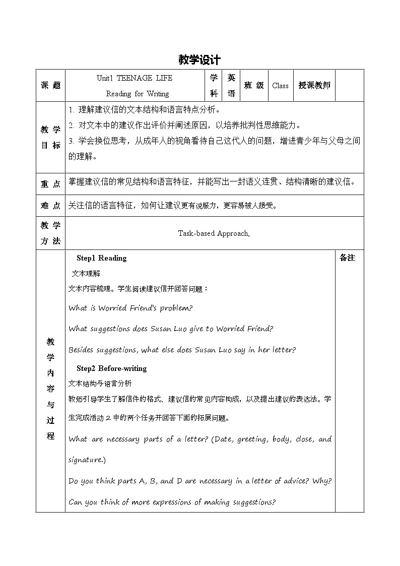高中英语（人教版2019）必修一：Unit 1 Teenage life   Reading for Writing 教案01