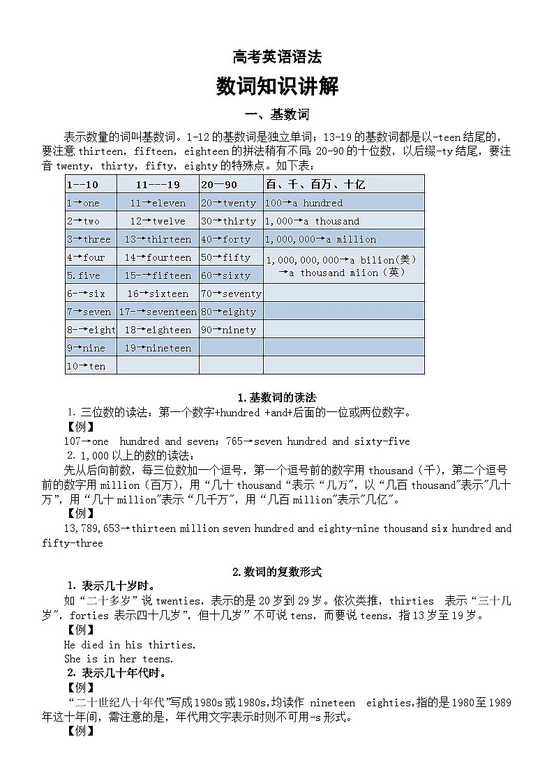 高中英语2024届高考语法复习数词知识讲解第1页