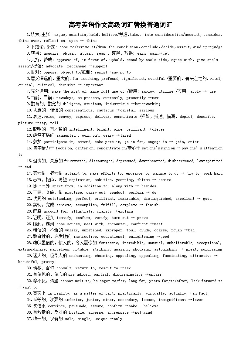 高中英语2024高考作文高级词汇替换普通词汇（共78组）第1页