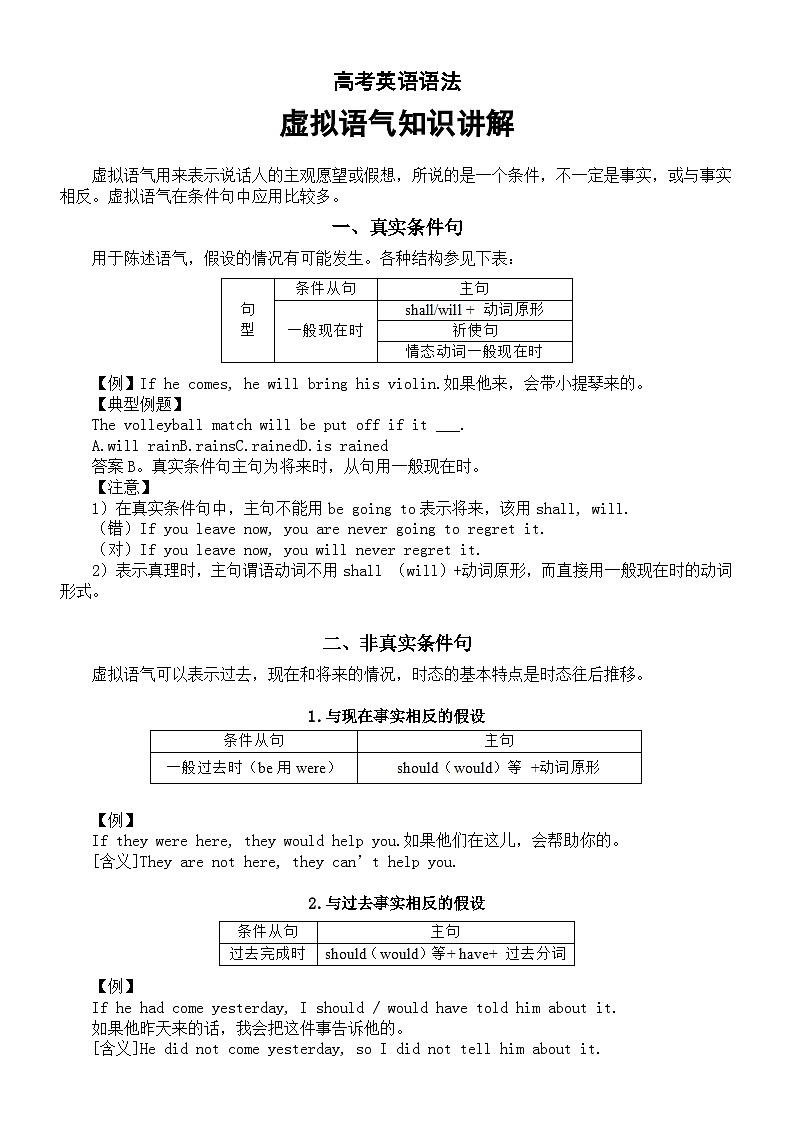 高中英语2024高考复习虚拟语气知识讲解第1页