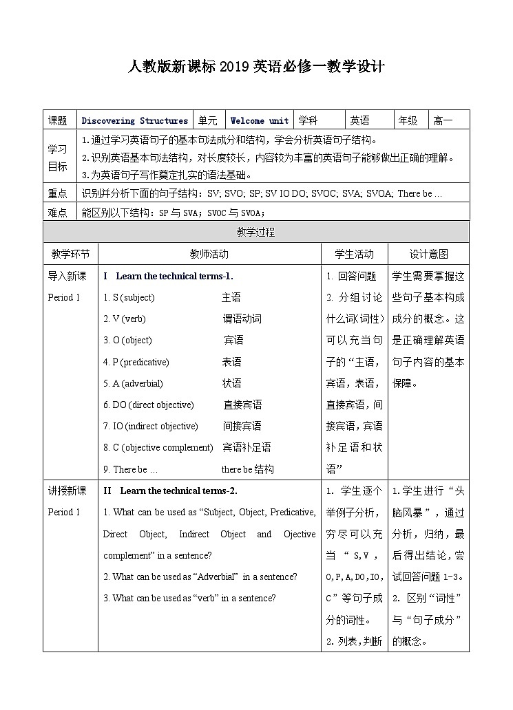 人教版英语必修一 《 welcome unit discovering useful structures 》课件+教案01