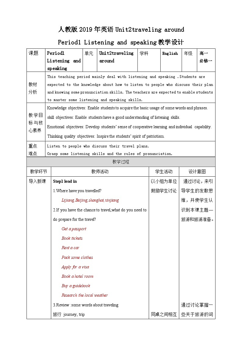 人教版英语必修一Unit2《 Traveling around Period 1 Listening and speaking 》教案第1页