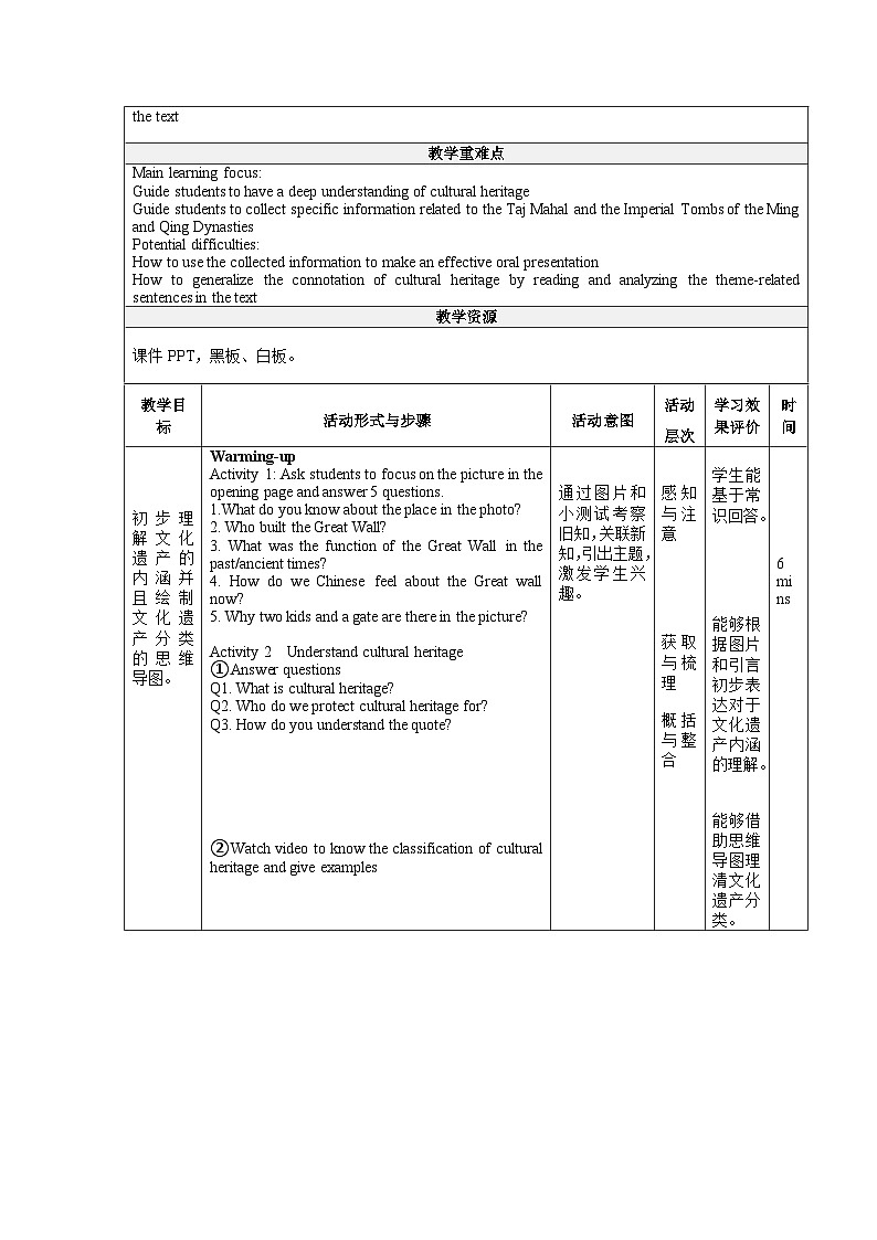 【大单元】Unit 1 Culture Heritage Period 1 Opening page & Workbook expanding your world 教案第2页
