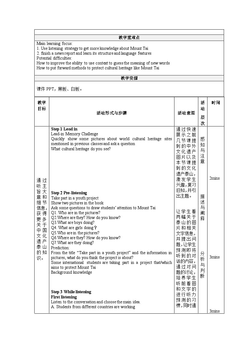 【大单元】Unit 1 Culture Heritage Period 5 Listening and Speaking 教案第2页