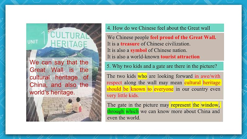 【大单元】Unit 1 Culture Heritage Period 1 Opening page & Workbook expanding your world 课件+教案05