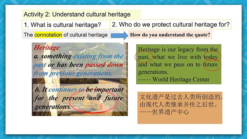 【大单元】Unit 1 Culture Heritage Period 1 Opening page & Workbook expanding your world 课件+教案06