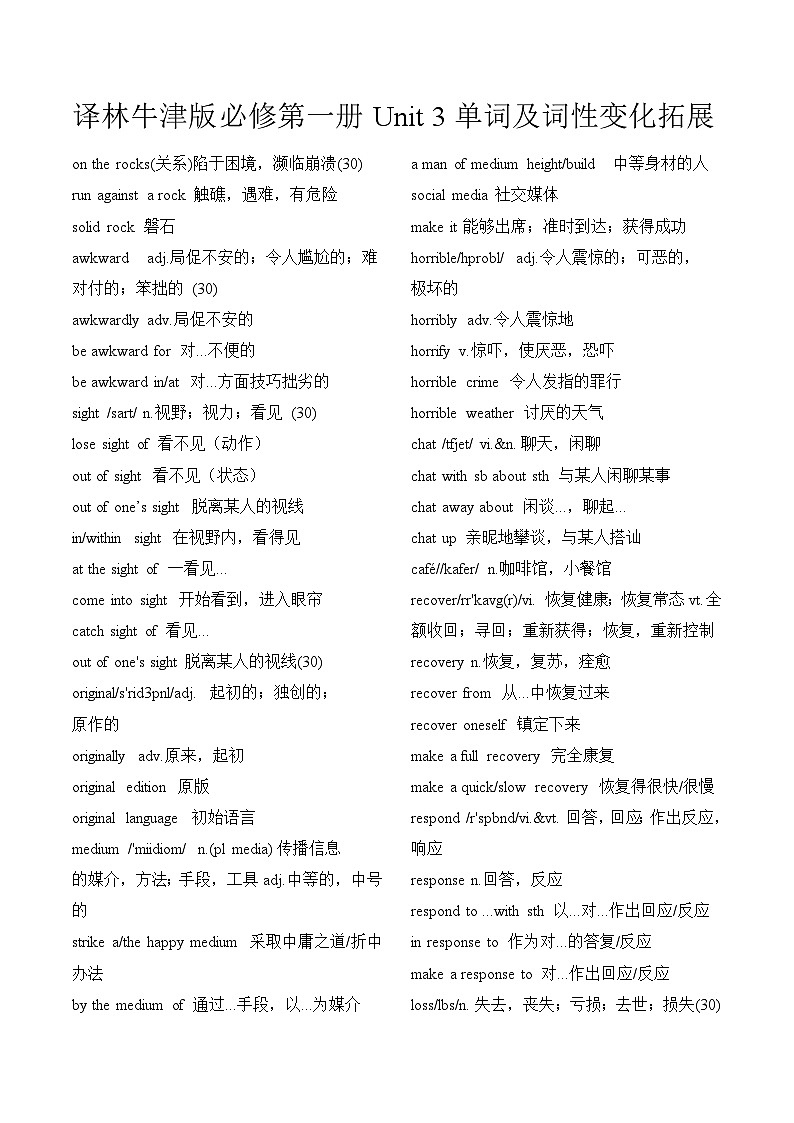 Unit 3 单词及词汇拓展清单-高中英语牛津译林版（）必修第一册 试卷01
