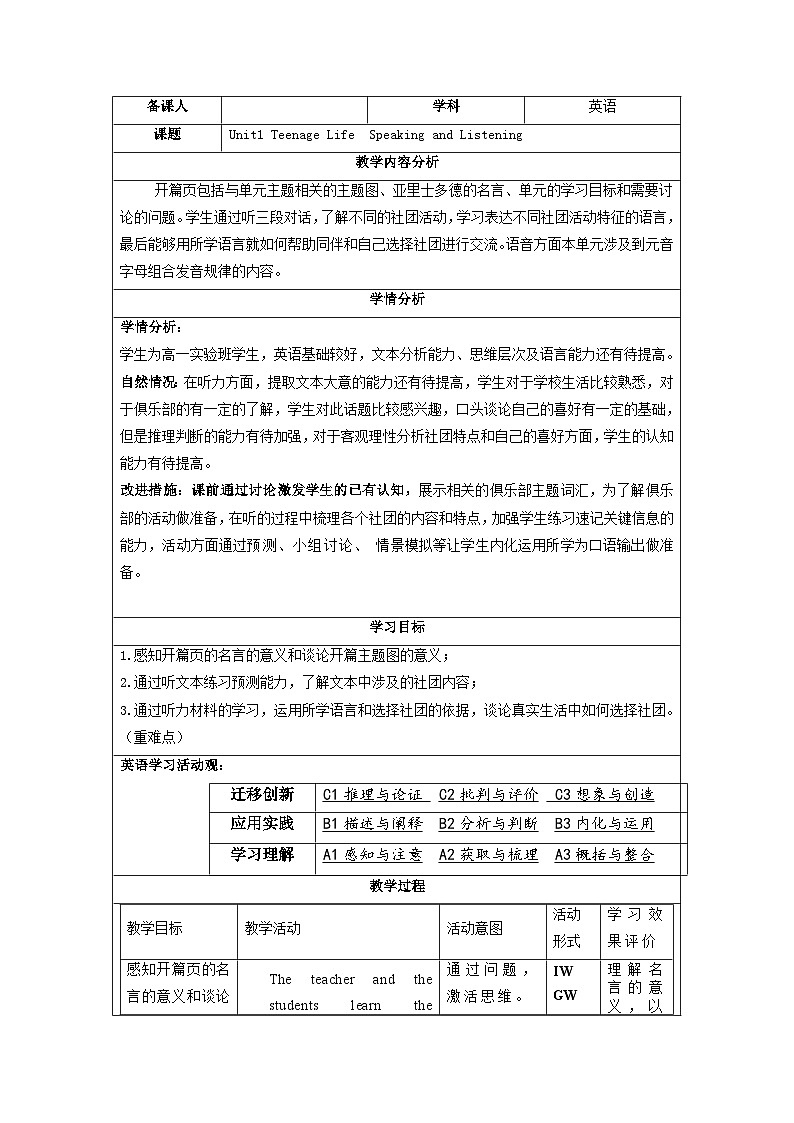 高中英语人教版(2019)必修一大单元Unit1 Teenage life第1课时Listening and Speaking课件+教案01