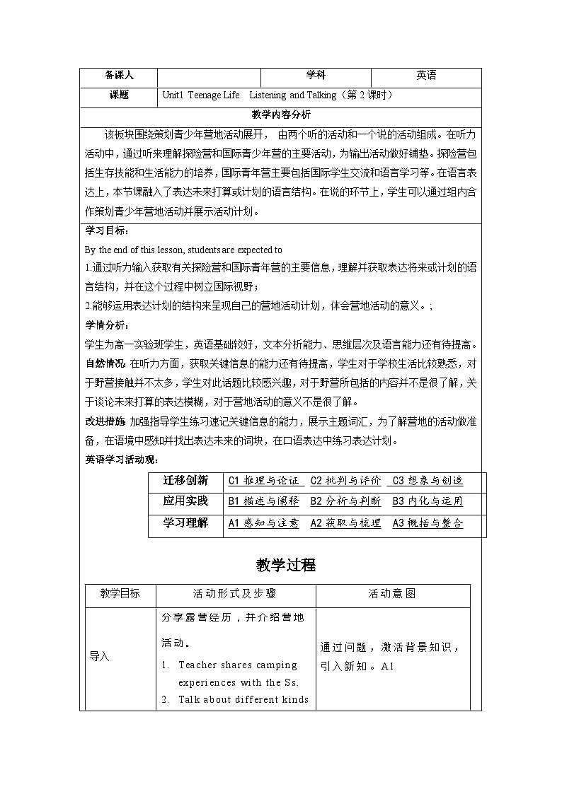 高中英语人教版(2019)必修一大单元Unit1 Teenage life第2课时Listening and Talking教案第1页