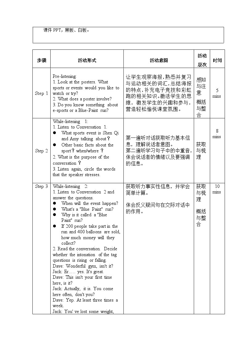 高中英语人教版(2019)必修一大单元Book1 Unit3 Sports and fitness 第1、2课时Listening and speaking教案02
