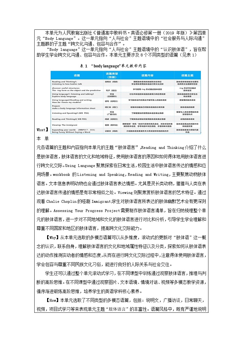 高中英语人教版(2019)选择性必修第一册Unit4 Body Language  教案02