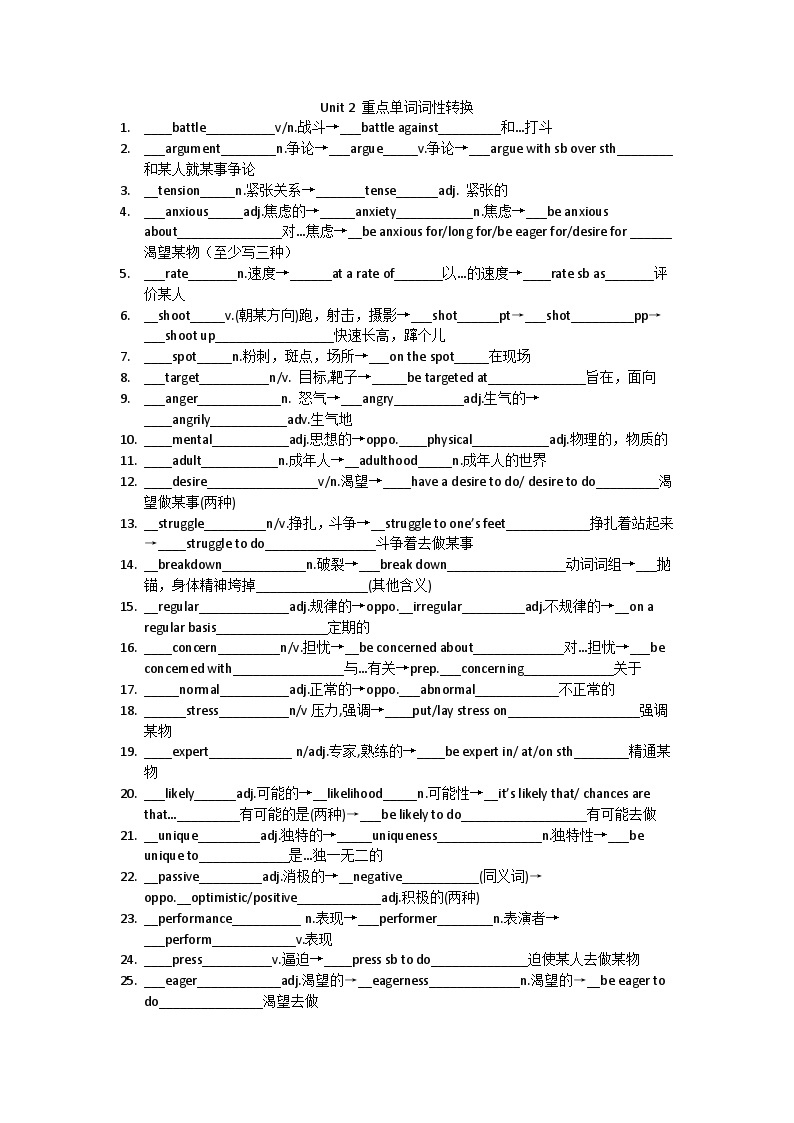 Unit 2 重点单词词性转换练习-高中英语牛津译林版（）必修第一册01