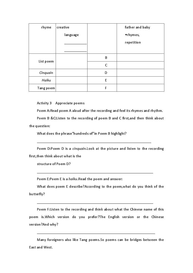 2019新人教高中英语选择性必修三Unit5 Poems-Reading and Thinking公开课学案第2页