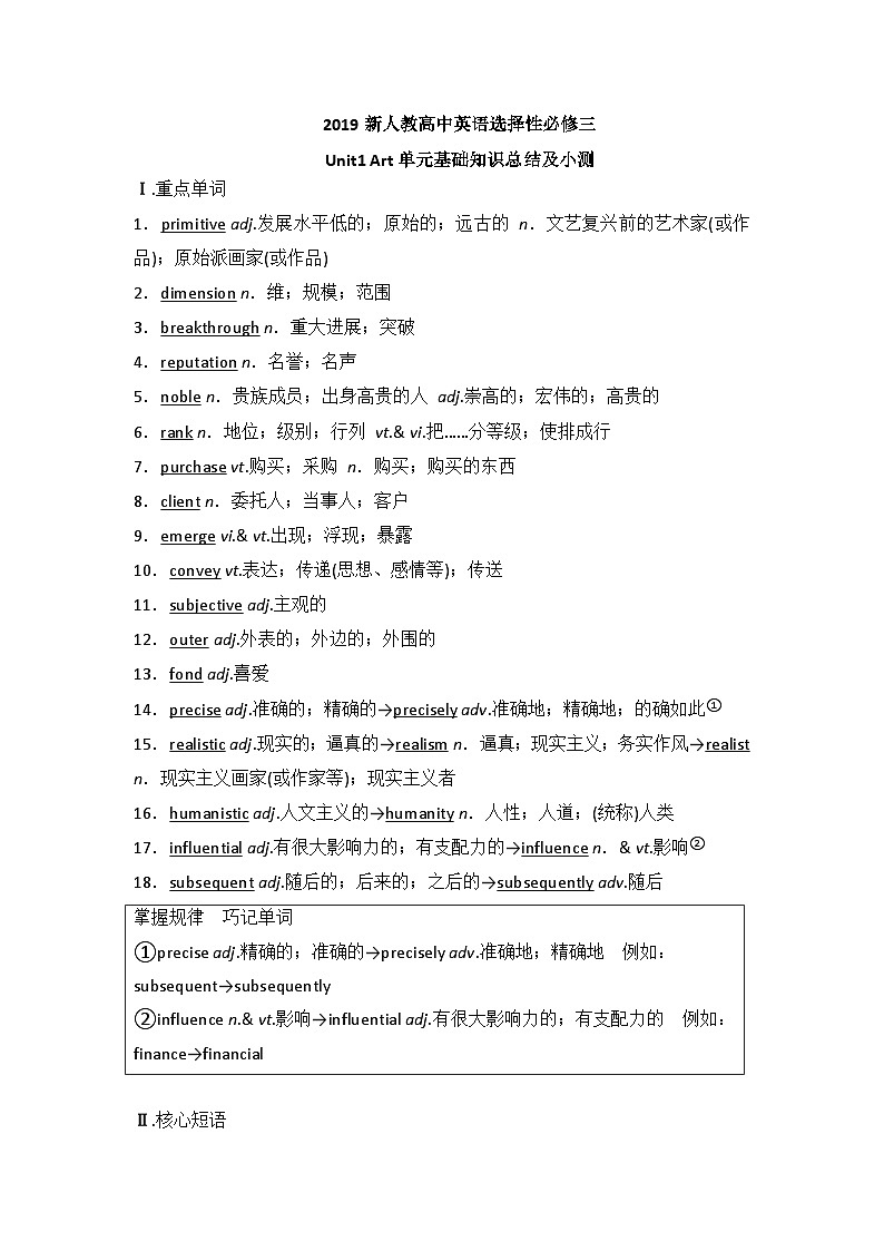 2019新人教高中英语选择性必修三Unit1Art单元基础知识总结及小测第1页