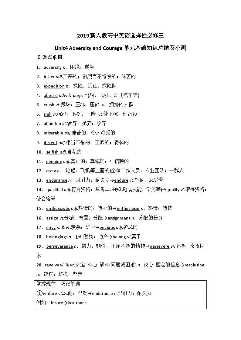 2019新人教高中英语选择性必修三Unit4Adversity and Courage单元基础知识总结及小测第1页