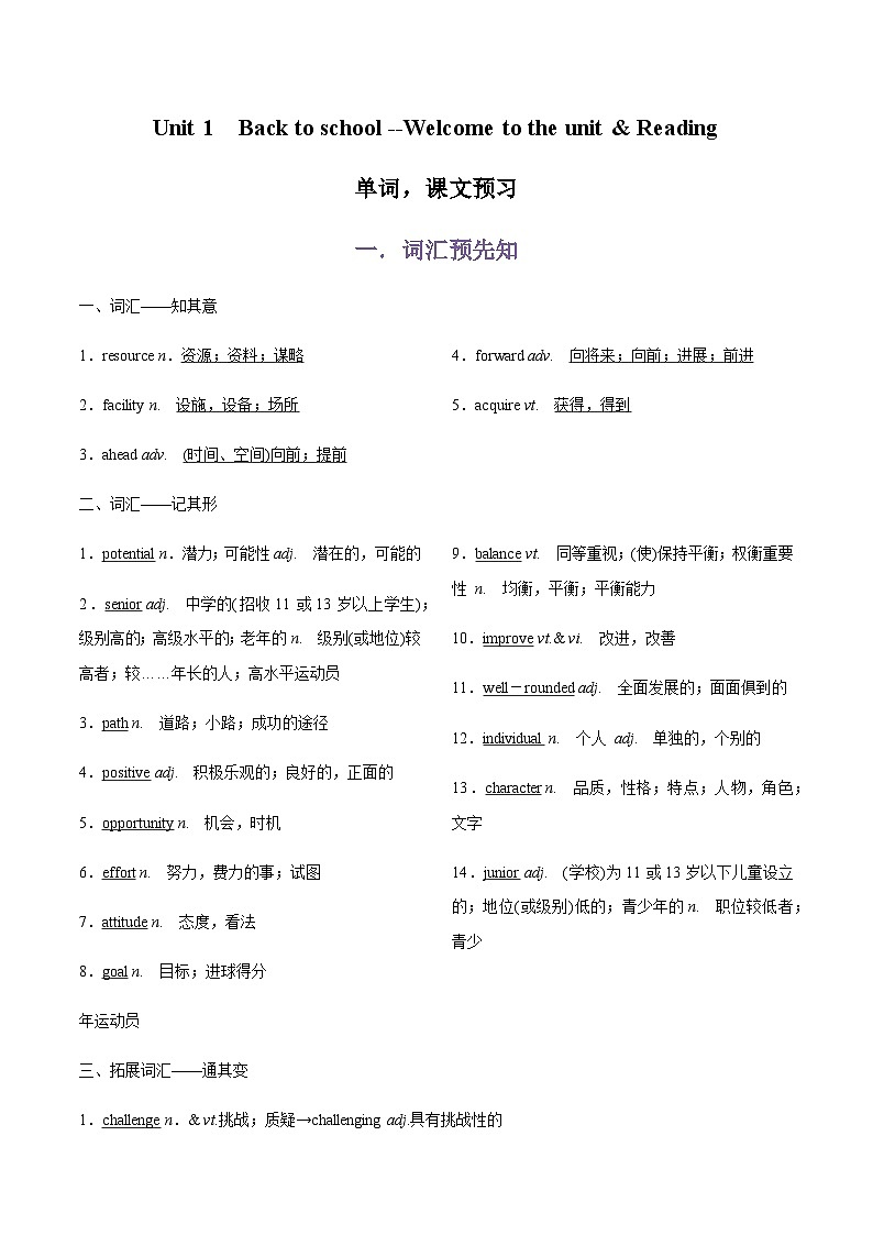 专题01.必修第一册Unit 1　Back to school --Welcome to the unit & Reading单词，课文预习（解析版）第1页