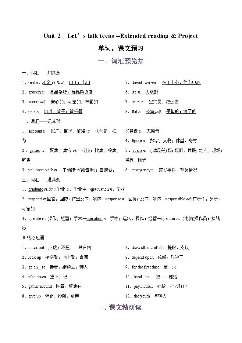 专题04.Unit 2 Let’s talk teens--Extended reading & Project单词，课文预习-初升高英语无忧衔接（通用版）（译林版必修第一册）01
