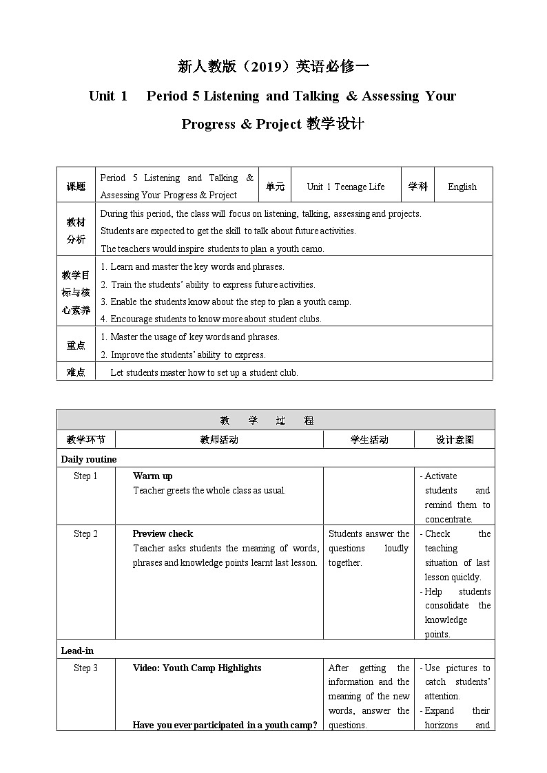 人教版英语必修一Unit 1《 Period 5 Listening and Talking&Assessing Your Progress&Project》课件+教案01