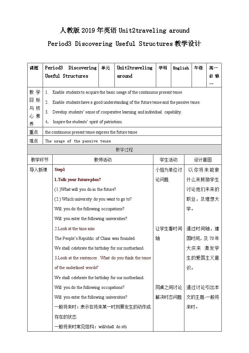 人教版英语必修一Unit2《 Traveling around Period3 Discovering Useful Structures 》教案第1页