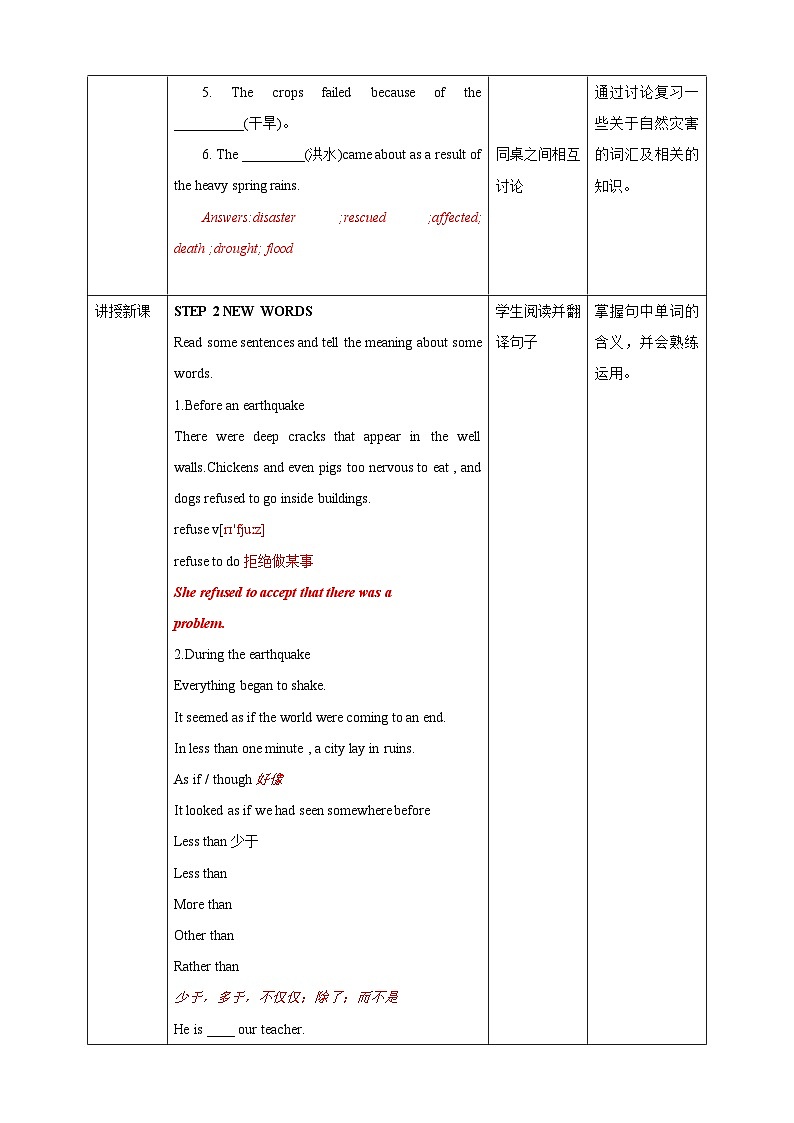 人教版英语必修一unit4《 natural disaster period 2reading and thinking》教案第2页