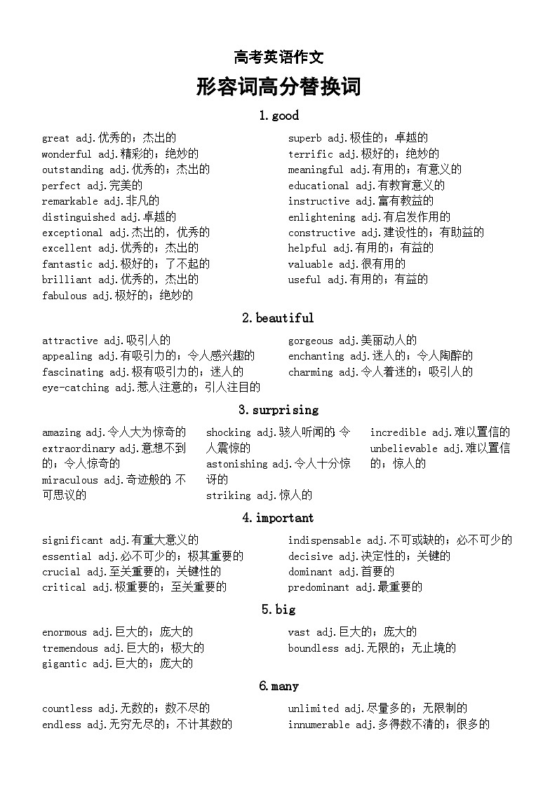 高中英语2024届高考作文形容词高分替换词（共13组）第1页