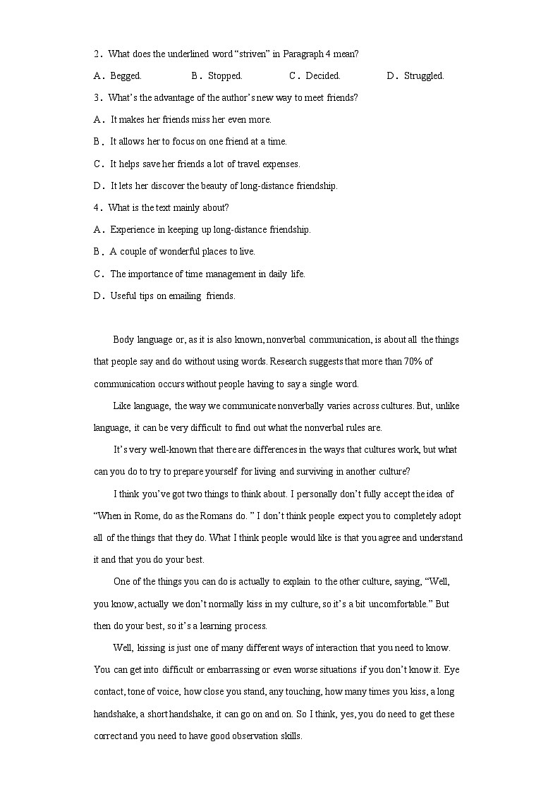 【单元测试】高中英语人教版（2019）选修第一册 Unit 4 Body Language 单元测试（含答案）02