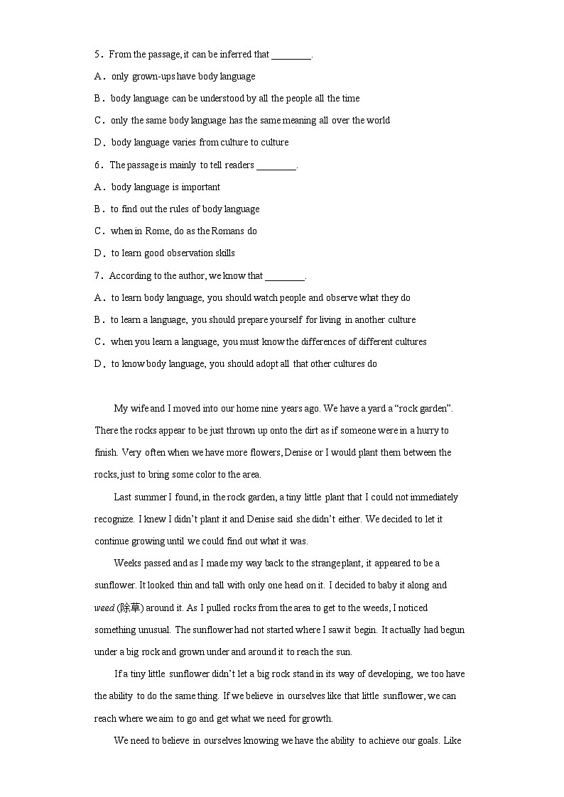 【单元测试】高中英语人教版（2019）选修第一册 Unit 4 Body Language 单元测试（含答案）03