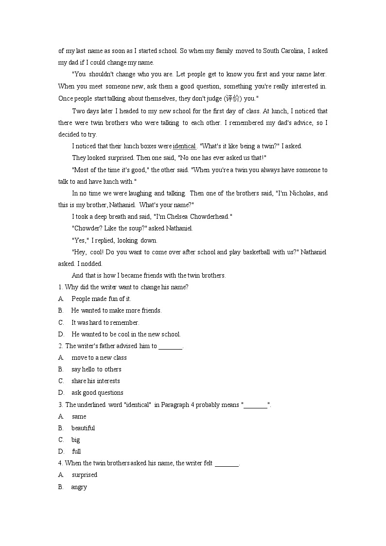 【课后练习】高中英语人教版（2019）必修 第一册Welcome unit课后作业（含答案）03