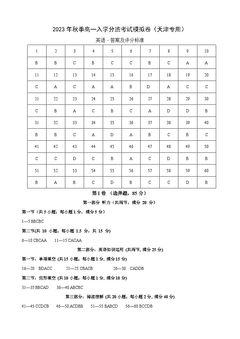 英语（天津专用）-2023年秋季高一入学分班考试模拟卷（答案及评分标准）第1页