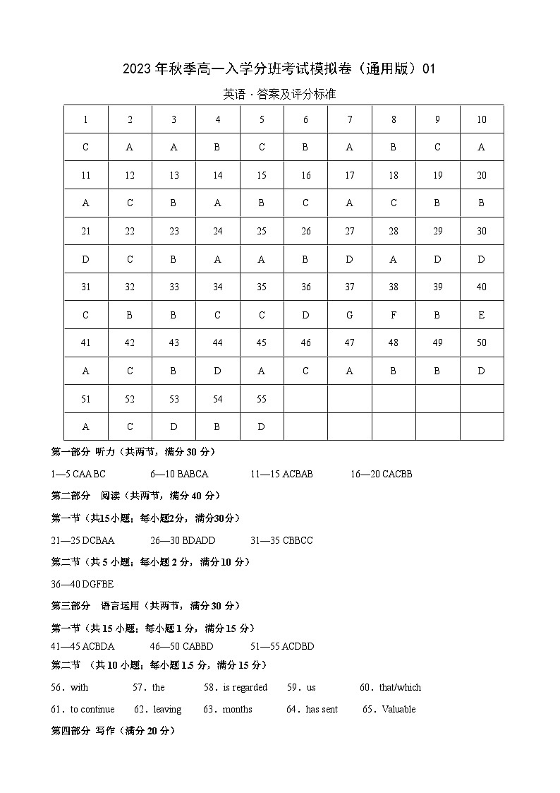 英语（通用版）01-2023年秋季高一入学分班考试模拟卷（答案及评分标准）第1页