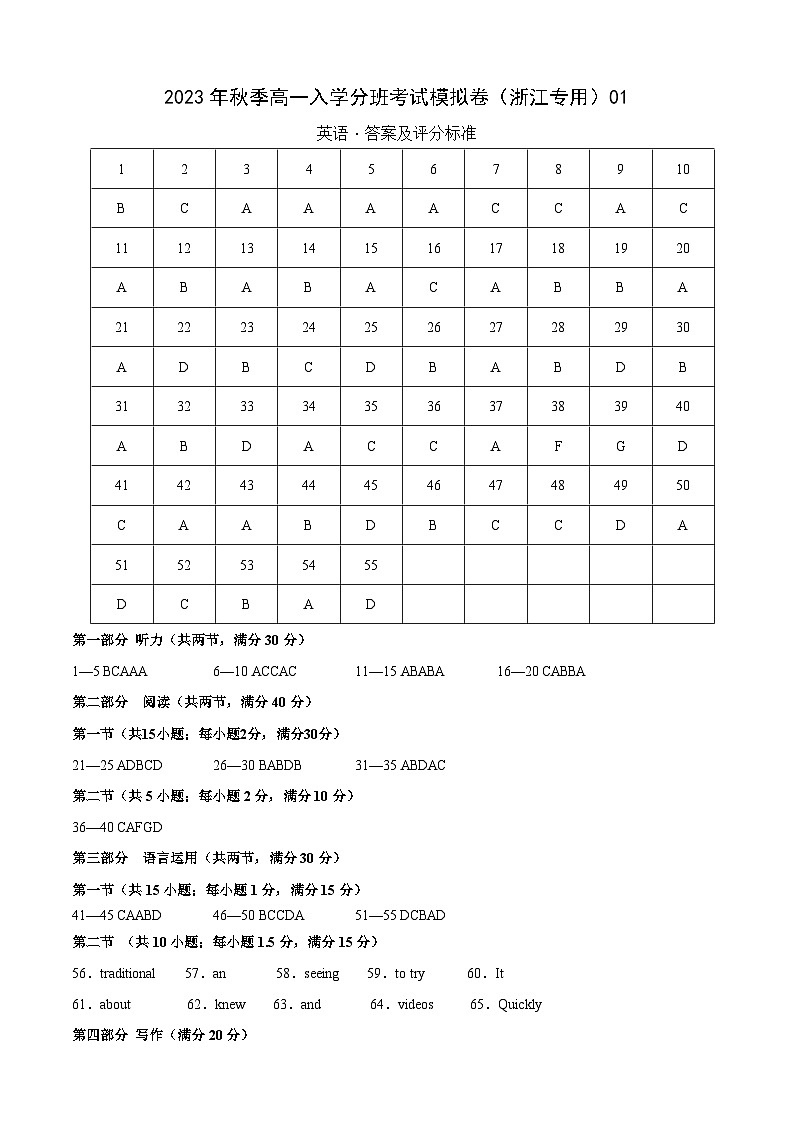 英语（浙江专用）01-2023年秋季高一入学分班考试模拟卷（4份打包，原卷版+答题卡+解析版）01