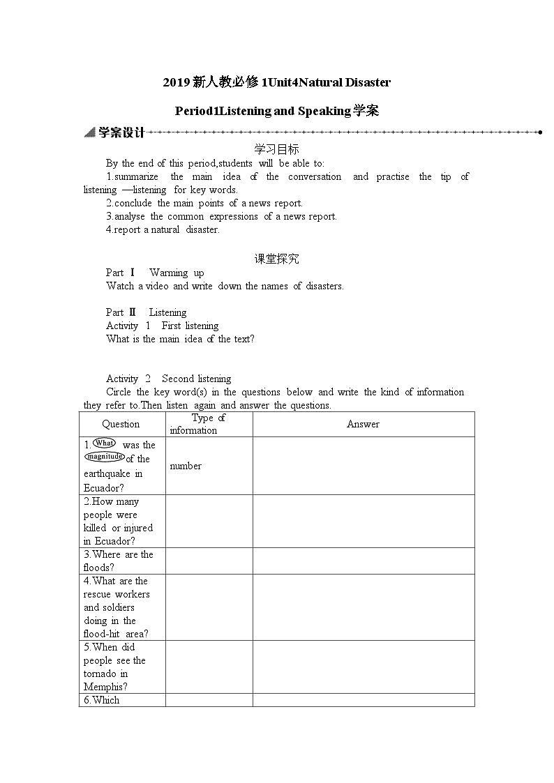 2019新人教必修1unit4Natural Disasters Listening and speaking学案01