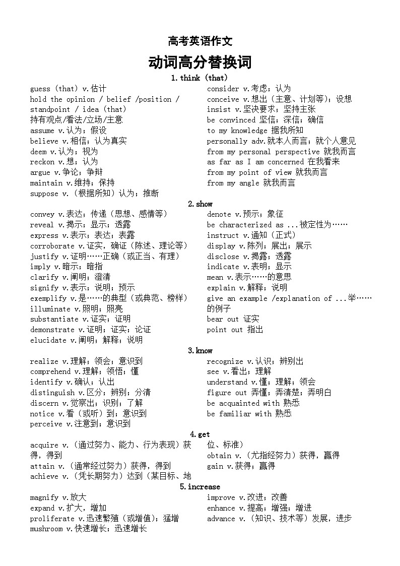 高中英语2024届高考作文高分替换词（动词）第1页