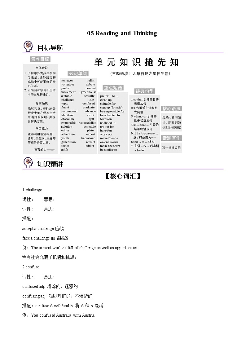 【同步讲义】（人教版2019）高中英语必修一 -第05讲 Unit 1 Teenager Life-Reading and Thinking 讲义01