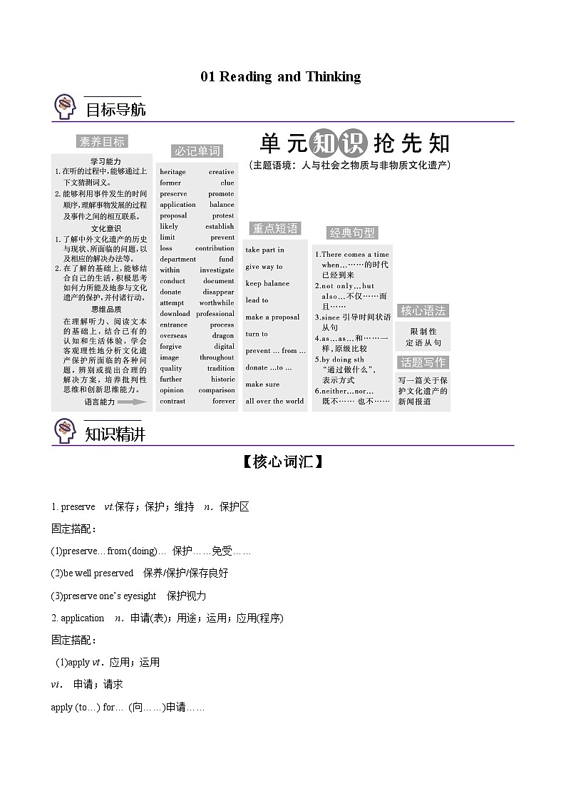 【同步讲义】（人教版2019）高中英语必修二：第01讲-Unit 1 Cultural Heritage-Reading and Thinking  讲义01