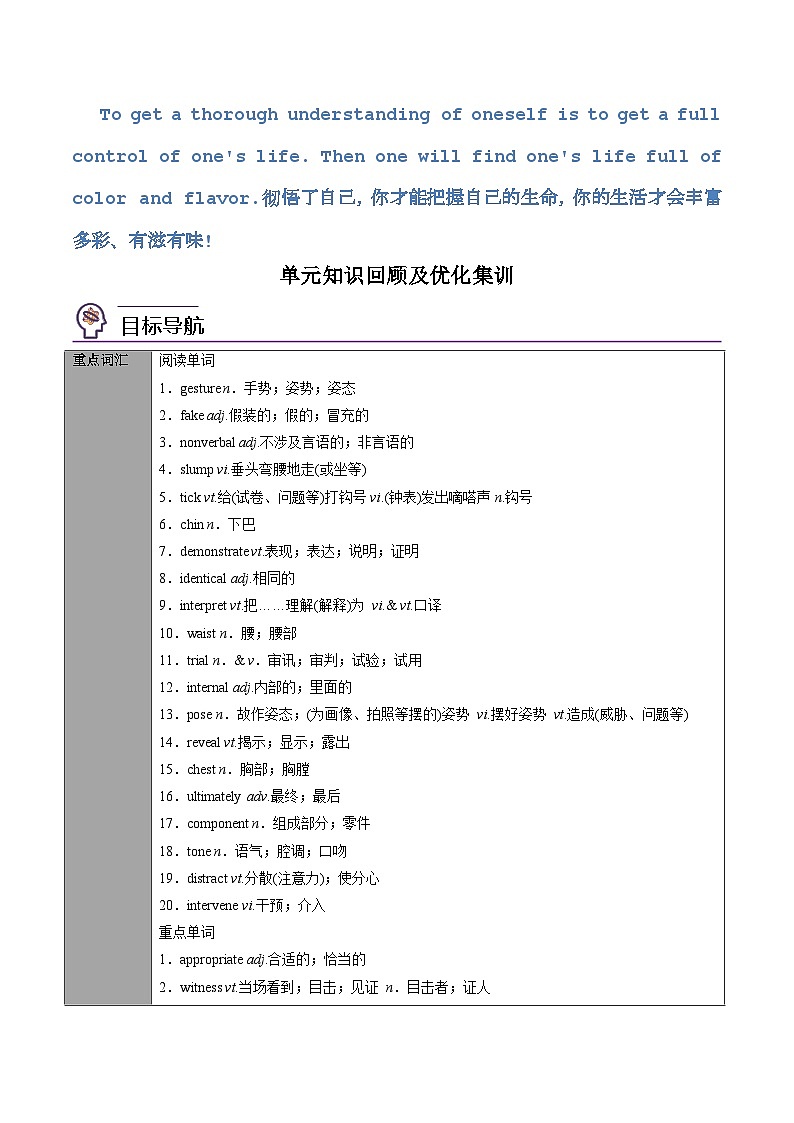 【同步讲义】（人教版2019）高中英语选修第一册：专题16.Unit 4 Body Language 第四讲-单元知识回顾及优化集训- 讲义01