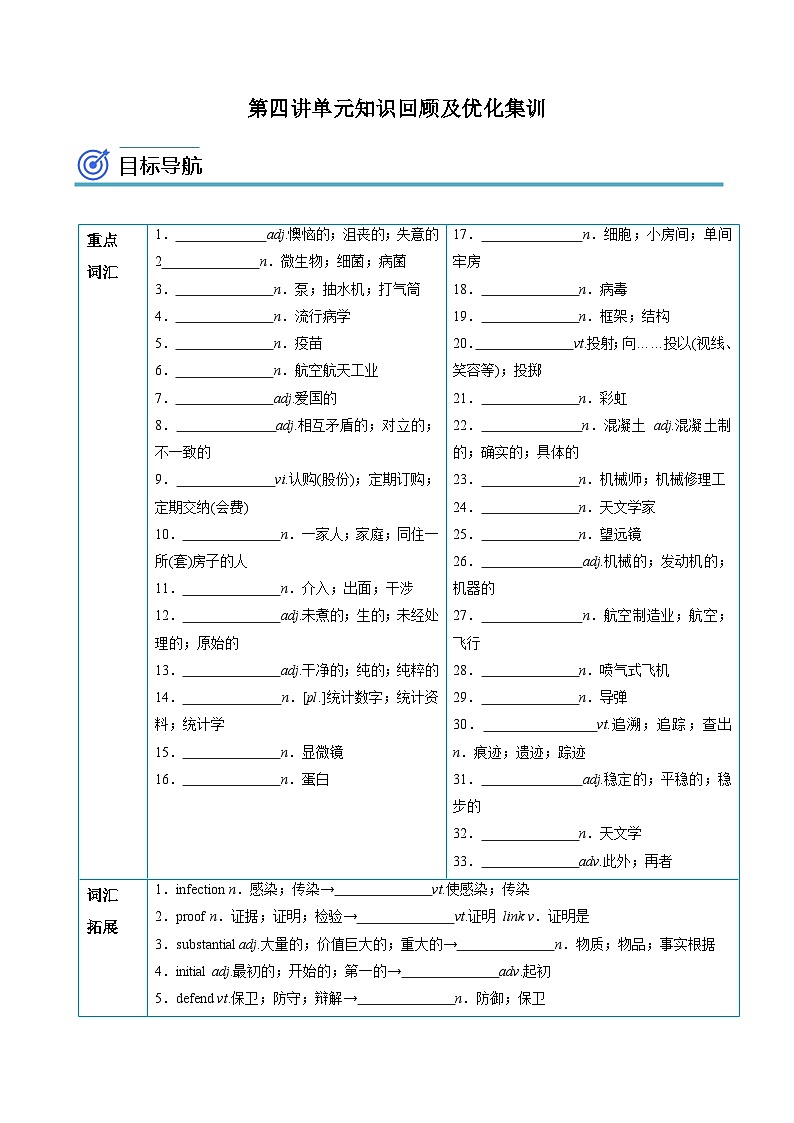 【同步讲义】（人教版2019）高中英语选修 第二册：专题4.Unit 1  Science and Scientists 第四讲-单元知识回顾及优化集训 讲义01