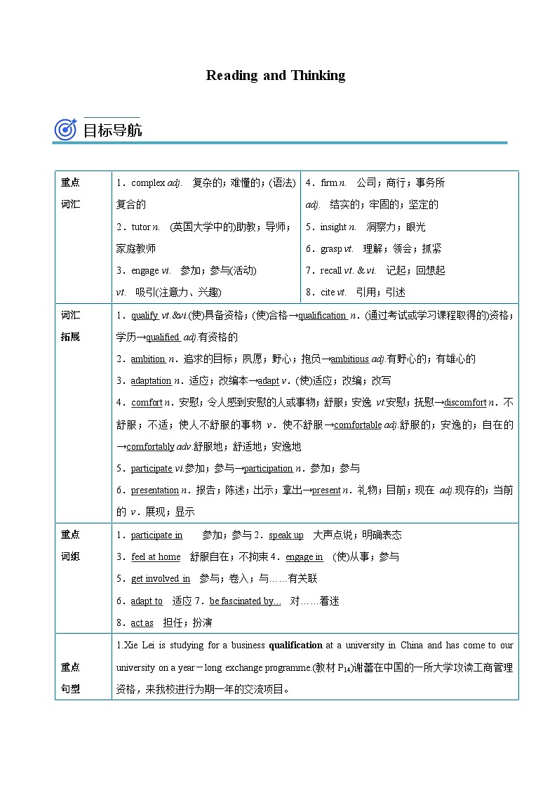 【同步讲义】（人教版2019）高中英语选修 第二册：专题5.Unit 2  Bridging Cultures 第一讲-Reading and Thinking 讲义01