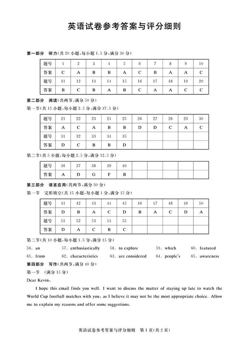 广东省2024届广州高三阶段训练市统考英语答案第1页