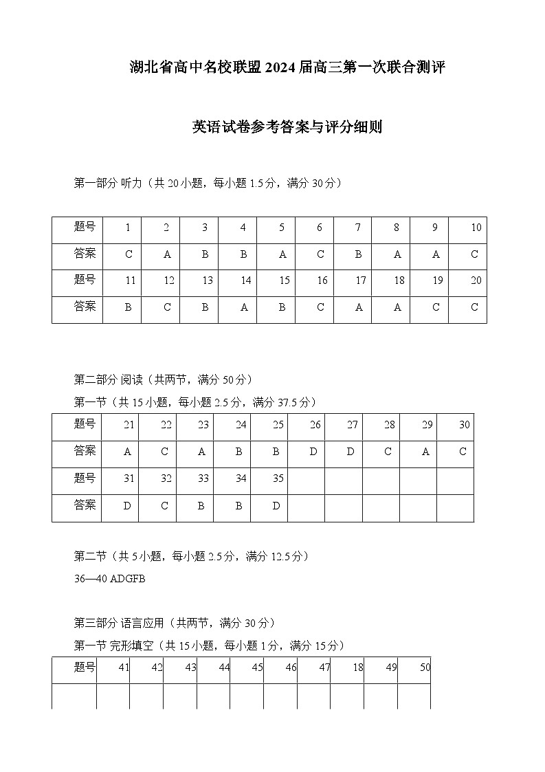 2024湖北省高中名校联盟高三上学期第一次联合测评英语试题（含听力）含答案01