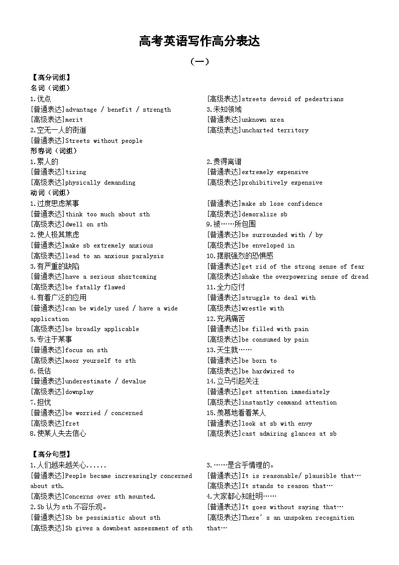 高中英语2024届高考复习写作高分表达（高分词组+高分句型）（共六组）第1页