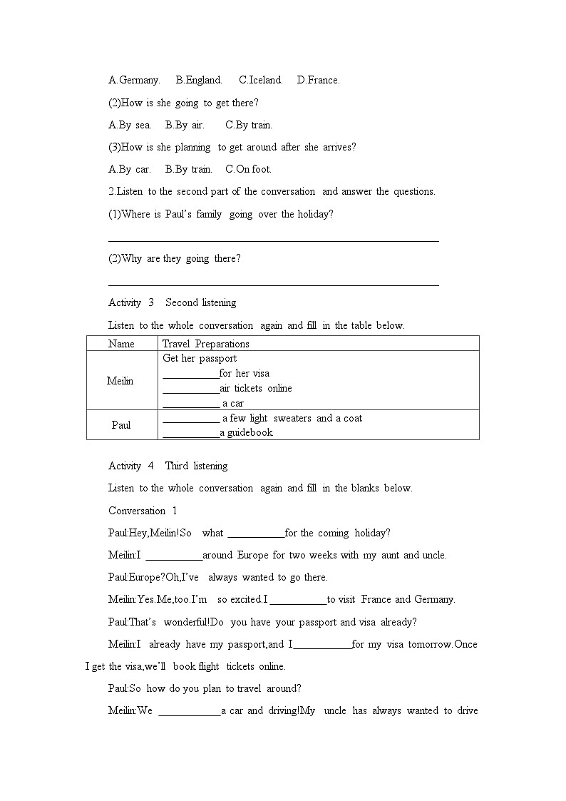 2019新人教必修一unit2travelling around listening and speaking学案02