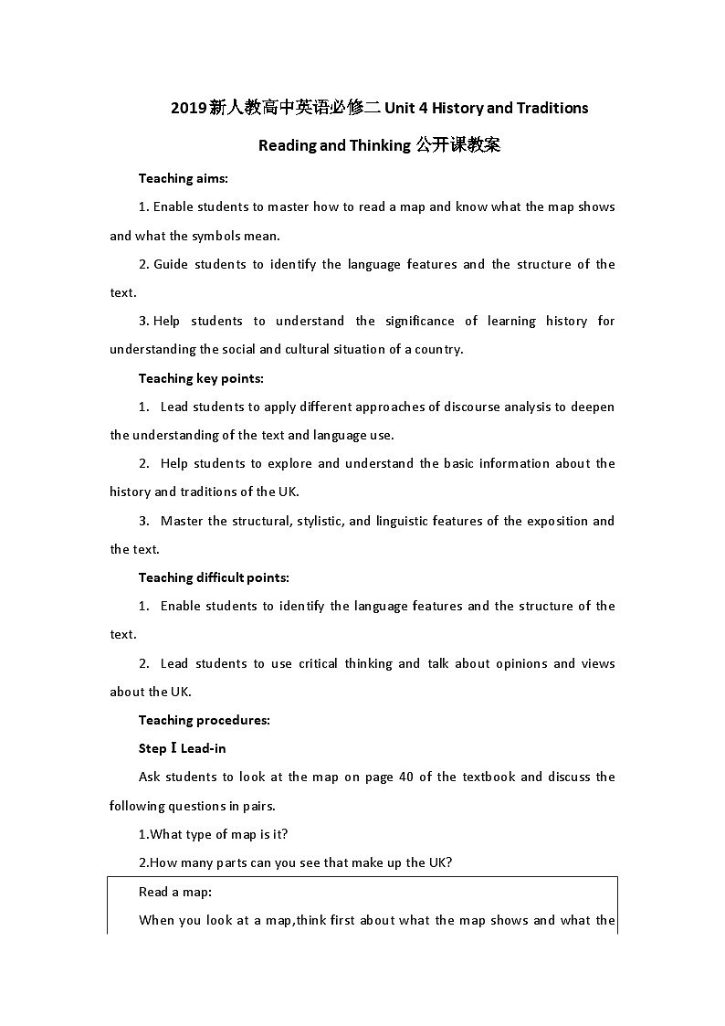 2019新人教高中英语必修二Unit4History and Traditions--Reading and  Thinking公开课教案第1页