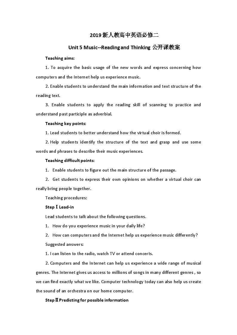 2019新人教高中英语必修二Unit5 Music Reading and  Thinking公开课教案01