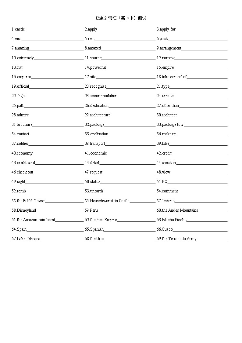 高中英语人教版（2019）必修第一册Unit 2 Travelling Around 词汇测试顺序版（含答案）01