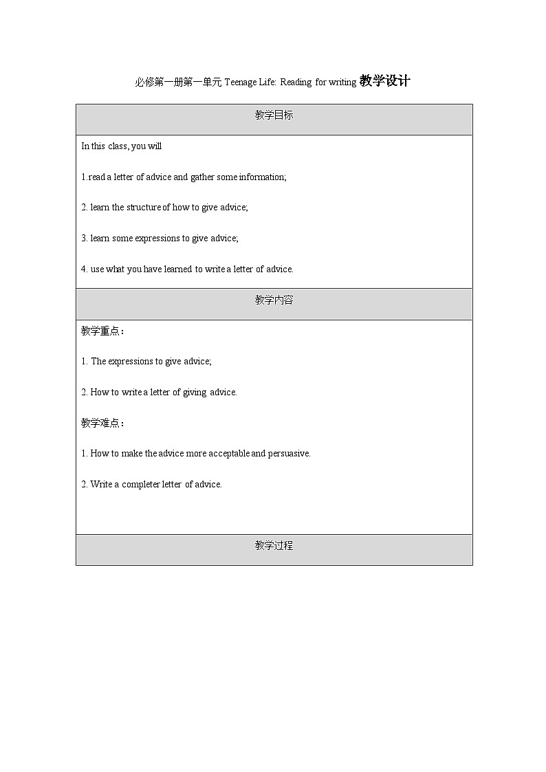 高中英语人教版（2019）必修第一册 Unit 1 Teenage Life Reading for Writing 教学设计（表格式）01
