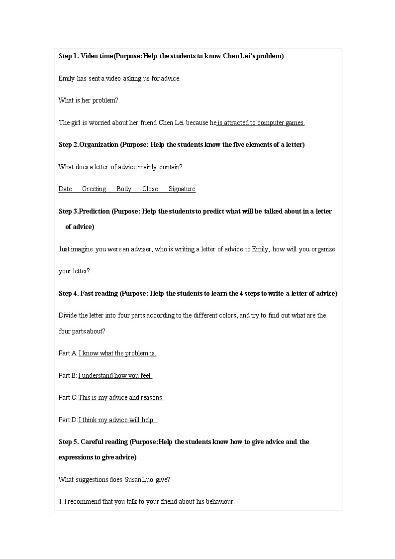 高中英语人教版（2019）必修第一册 Unit 1 Teenage Life Reading for Writing 教学设计（表格式）02