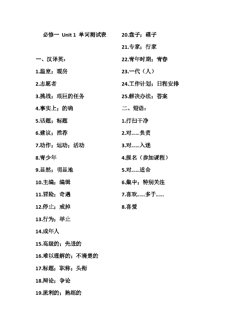 高中英语人教版（2019）必修第一册 Unit 1 Teenage Life 单词测试（无答案）第1页