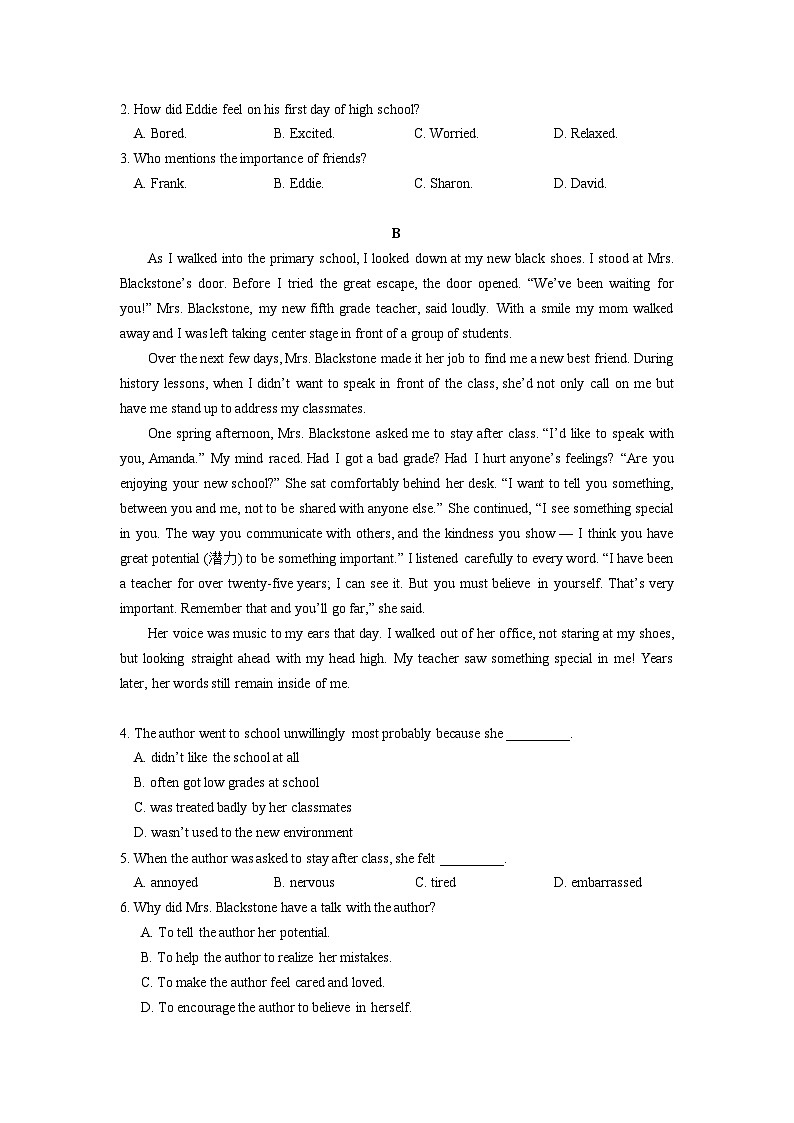 【单元测试卷】高中英语人教版  必修一（2019） Welcome Unit03