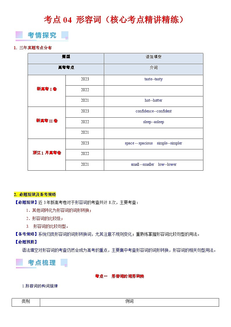 考点04 形容词（核心考点精讲精练）-备战2024年高考英语一轮复习考点帮（新高考专用）（学生版）第1页
